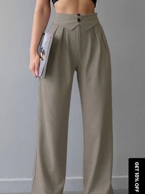 Commense Olive High-Waist Wide-Leg Trousers